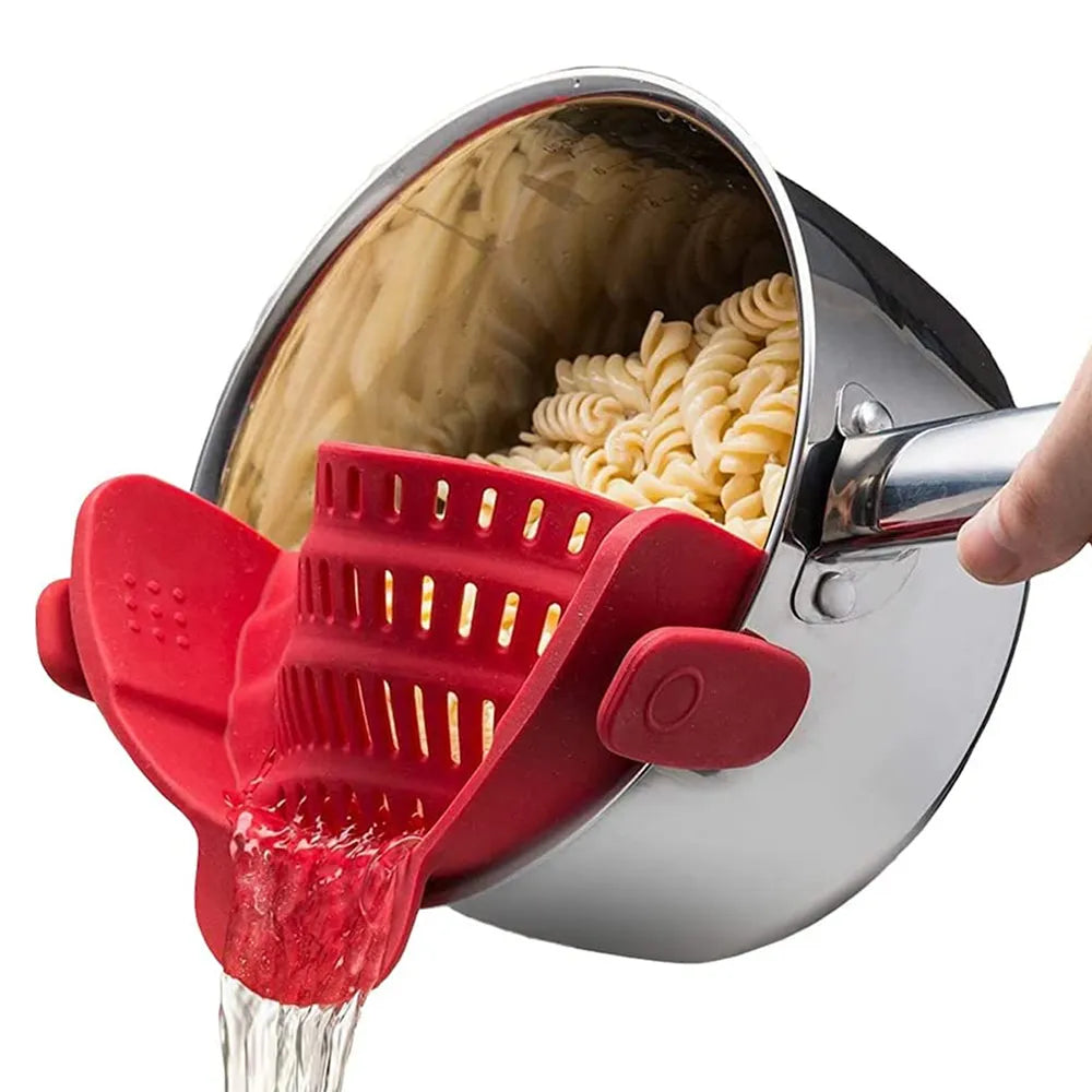 Handige Ruimtebespaarder: Clip-On Siliconen Keukenzeef voor Moeiteloos Afgieten van Pasta, Noedels en Meer!